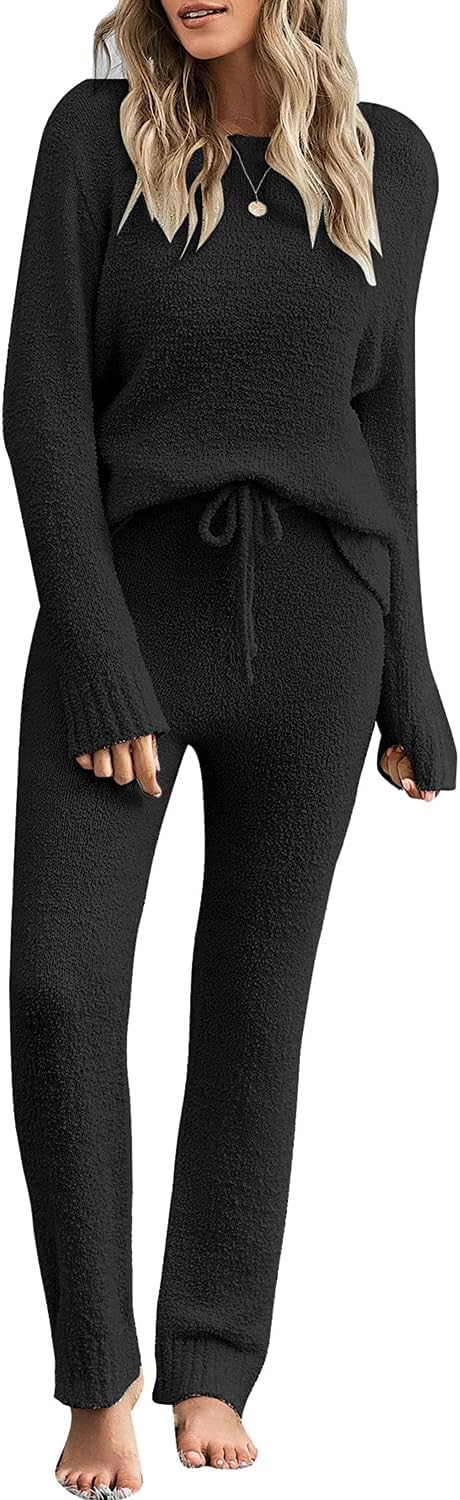 Women's Casual Pajama Set Fuzzy Fleece Knitted Long Sleeve Pj Loungewear