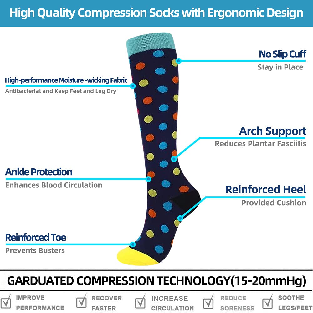 Chaussettes de compression pour femmes et hommes, 7 paires de bas de compression médicaux Chaussettes de soutien 15-20 mmHg pour l'athlétisme, les varices, la course, le cyclisme, la randonnée