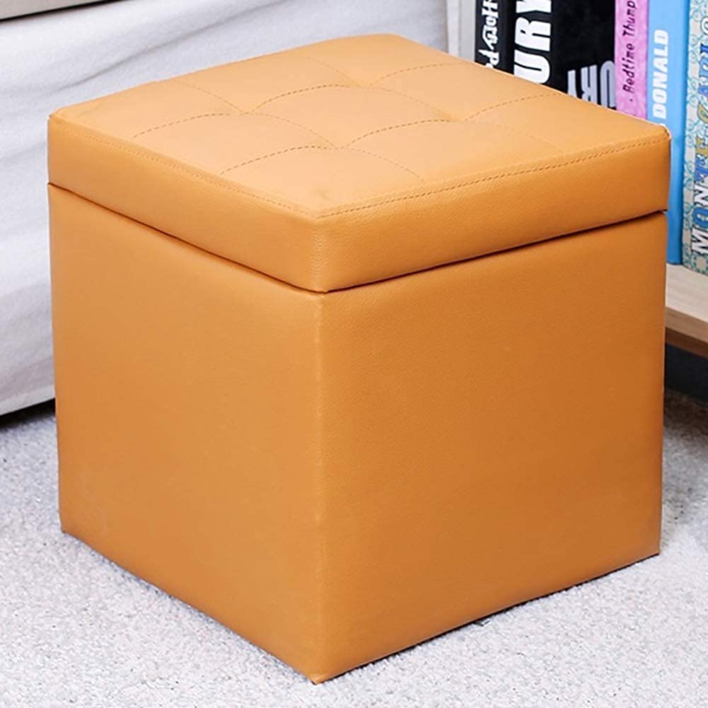 Repose-Pieds Cube Similicuir Jaune 30x30x32cm - Tabouret Coffre Rangement