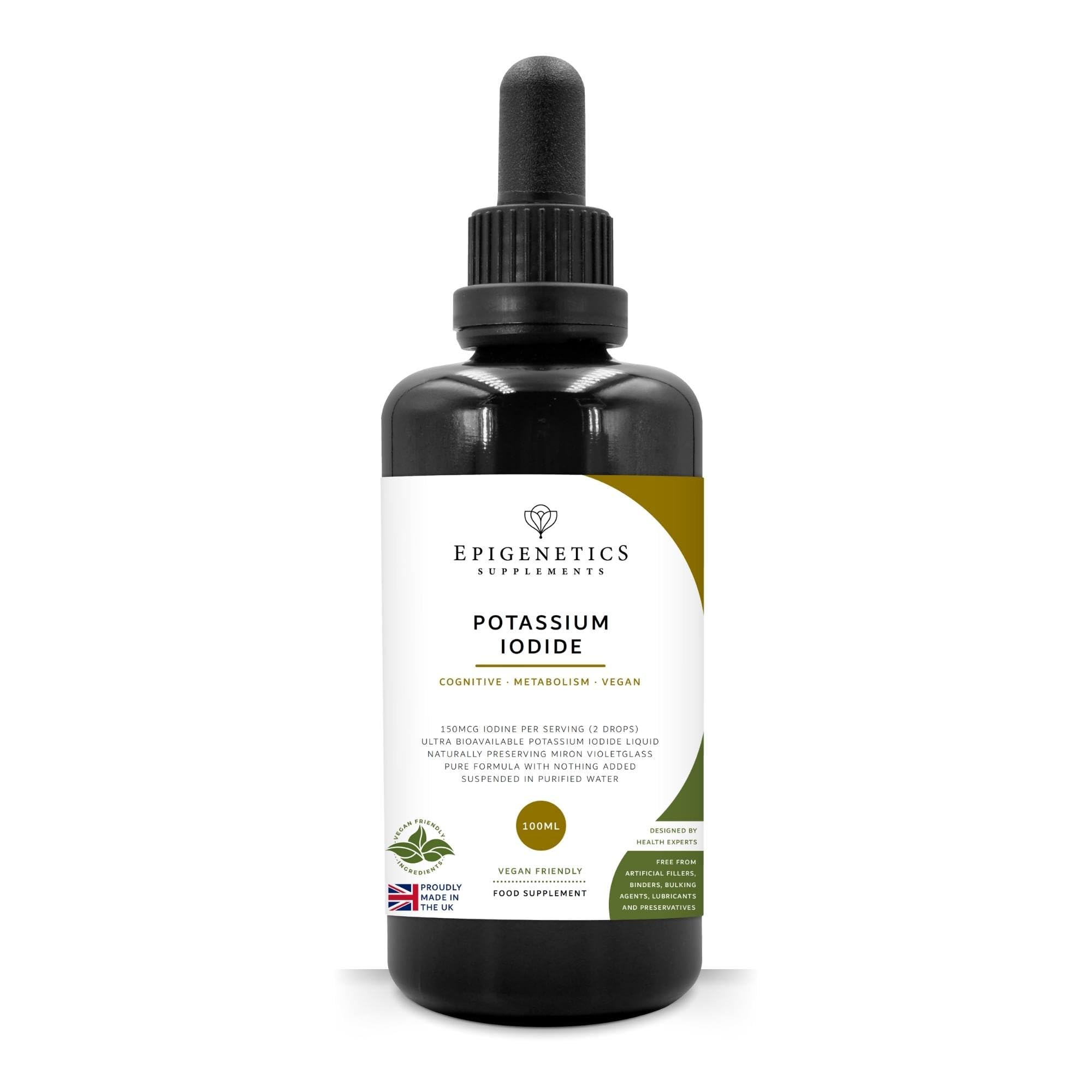 Potassium Iodide Supplements 100ml | 150mcg Iodine Liquid Per Drop (High Strength) | Premium UV Blocking Miron Violet Glass | Vegan Supplement UK Made | Over 20 Months Supply by Epigenetics