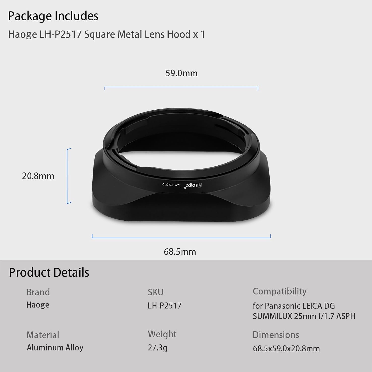 Haoge LH-P2517 Square Metal Lens Hood for Panasonic Leica DG SUMMILUX 25mm f/1.7 ASPH Lens dg 25MM F1.7 H-H025GK