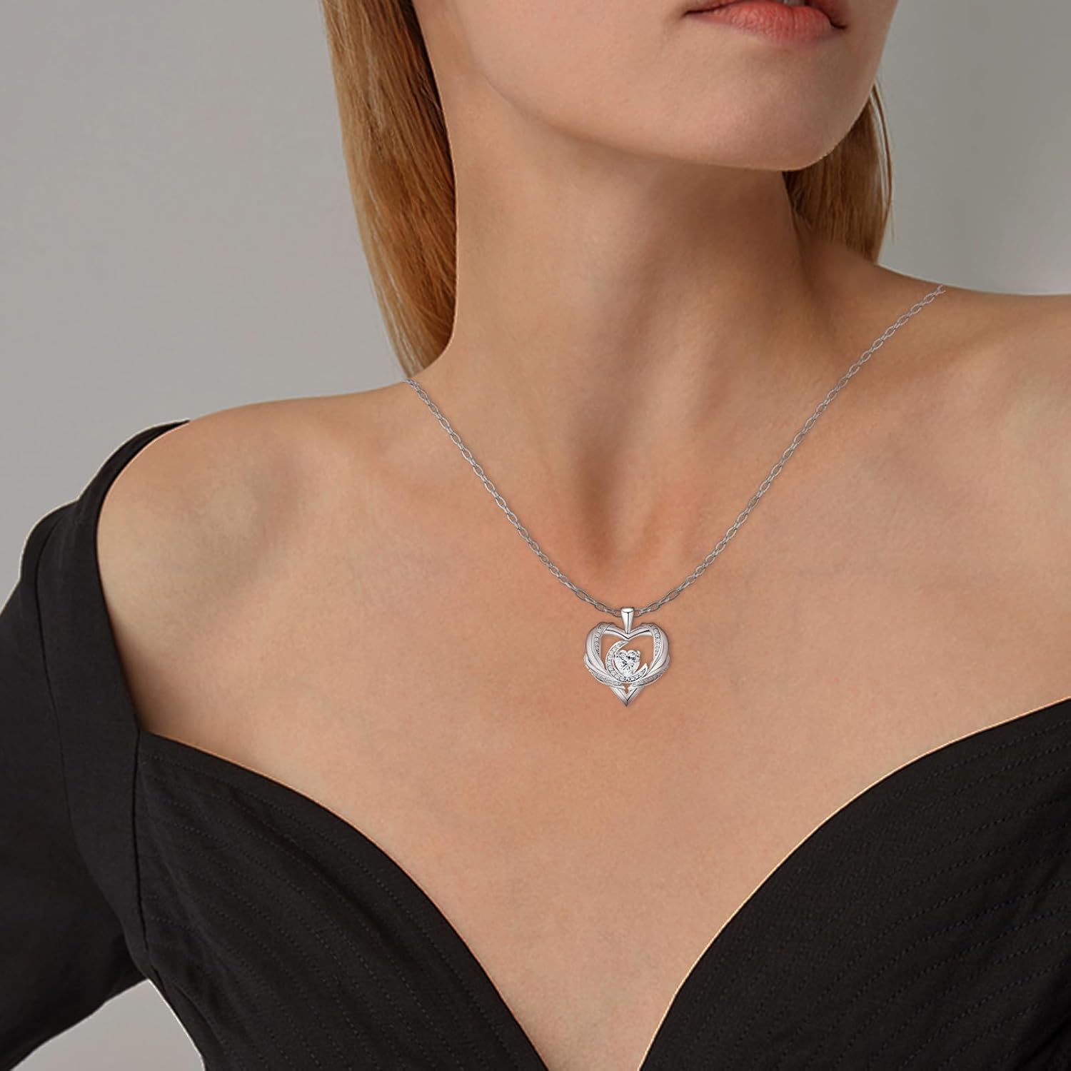 Elensan Sterling Silver Trendy Love Heart Pendant Necklace Dainty Heart with Moon CZ White Gold Plated Hypoallergenic Jewelry Fashion Chain Charms Birthday Gift for Women - Image 5