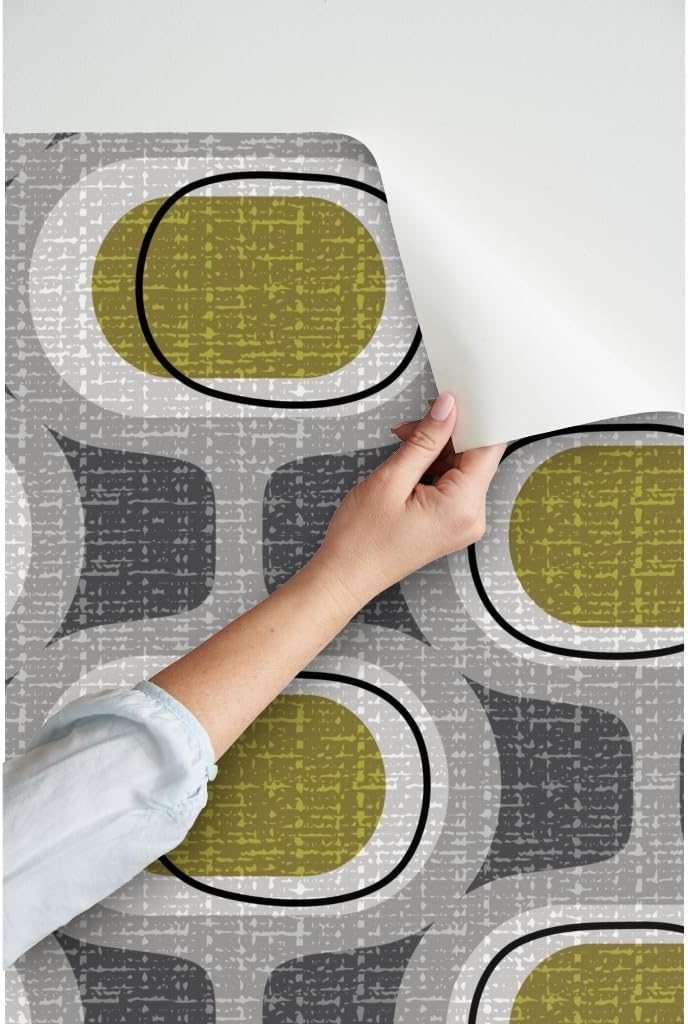 Peel & Stick Wallpaper 12ft x 2ft - Orbs Retro Green Mid Century Mod Modern Farmhouse Neutrals Custom Removable Wallpaper by Spoonflower