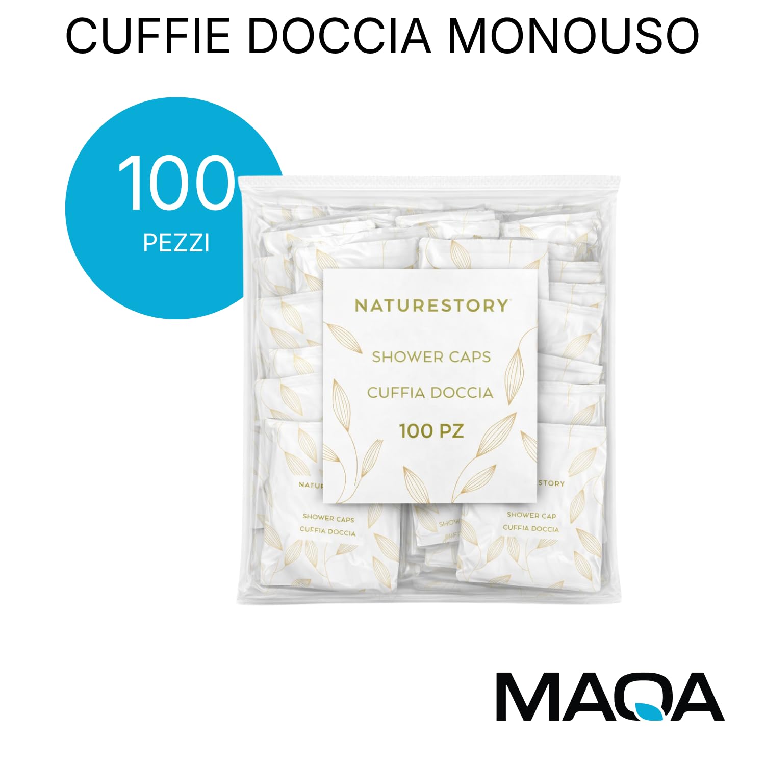 MAQA Cuffie capelli imbustata singolarmente, Cuffia doccia monouso 50-100 pz, cuffie usa e getta per kit cortesia hotel e spa 100