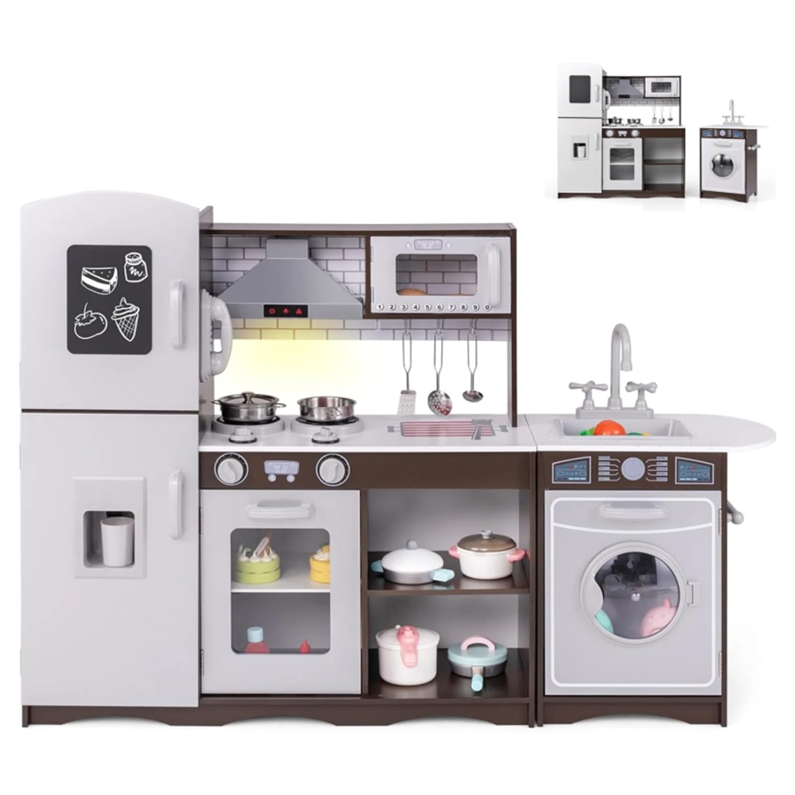 COSTWAY Kids Wooden Kitchen, 2-Piece Modular Pretend Play Kitchen with Realistic Lights & Sounds, Blackboard, Ice Maker, Washing Machine, Children Cooking Role Playset for Boys Girls