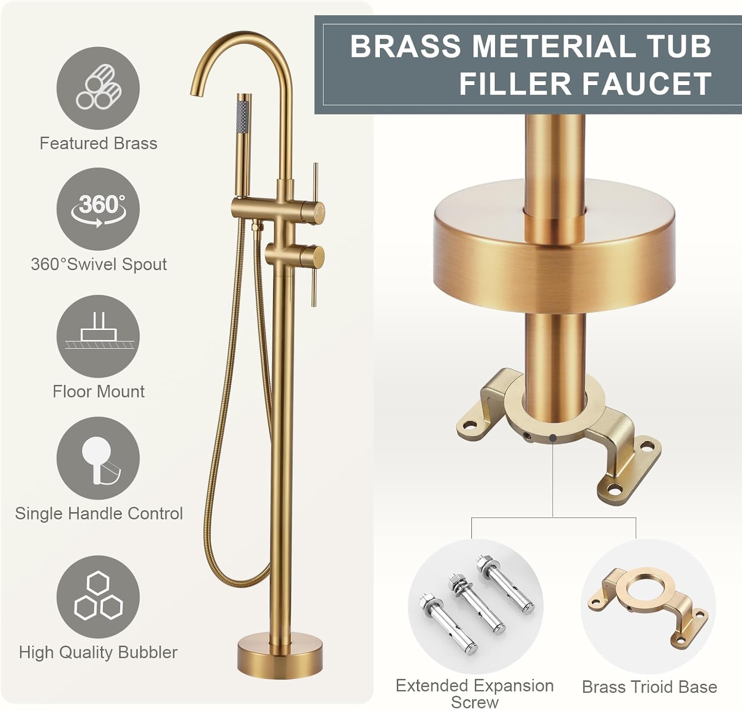 Freestanding Tub Filler Faucet, Floor Mount Brushed Gold Bathtub Faucet with Single Handheld Shower for Bathroom, Brass Shower Tub Faucet Set Complete, Bathtub Faucet with Shower - Image 2