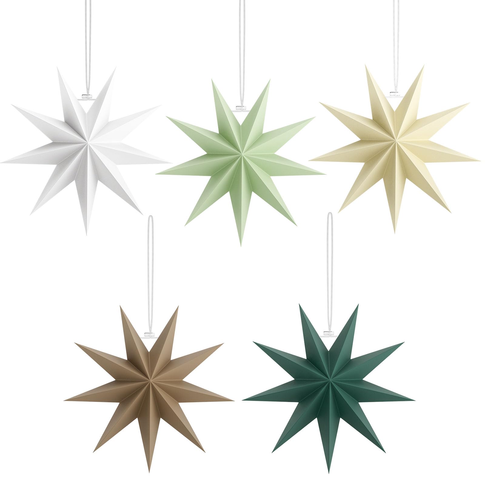 5pcs Paper Star Lanterns 9 Pointed 30cm Christmas Hanging Decorations DIY 3D Hanging Paper Stars for Christmas Birthday Wedding Party Decoration