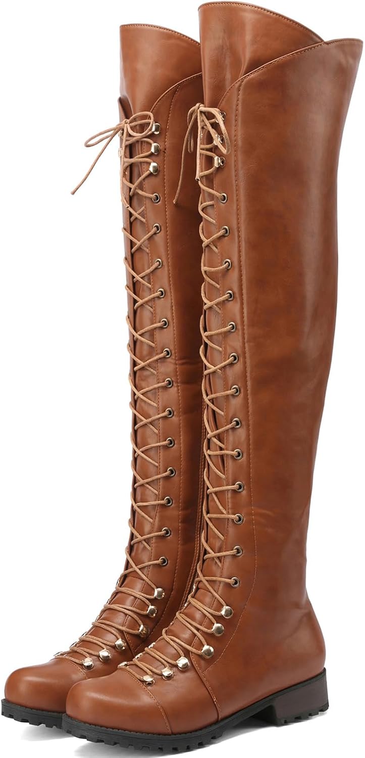 Womens Over Knee High Riding Combat Boots Lace Up Motorcycle Boots with Side Zipper