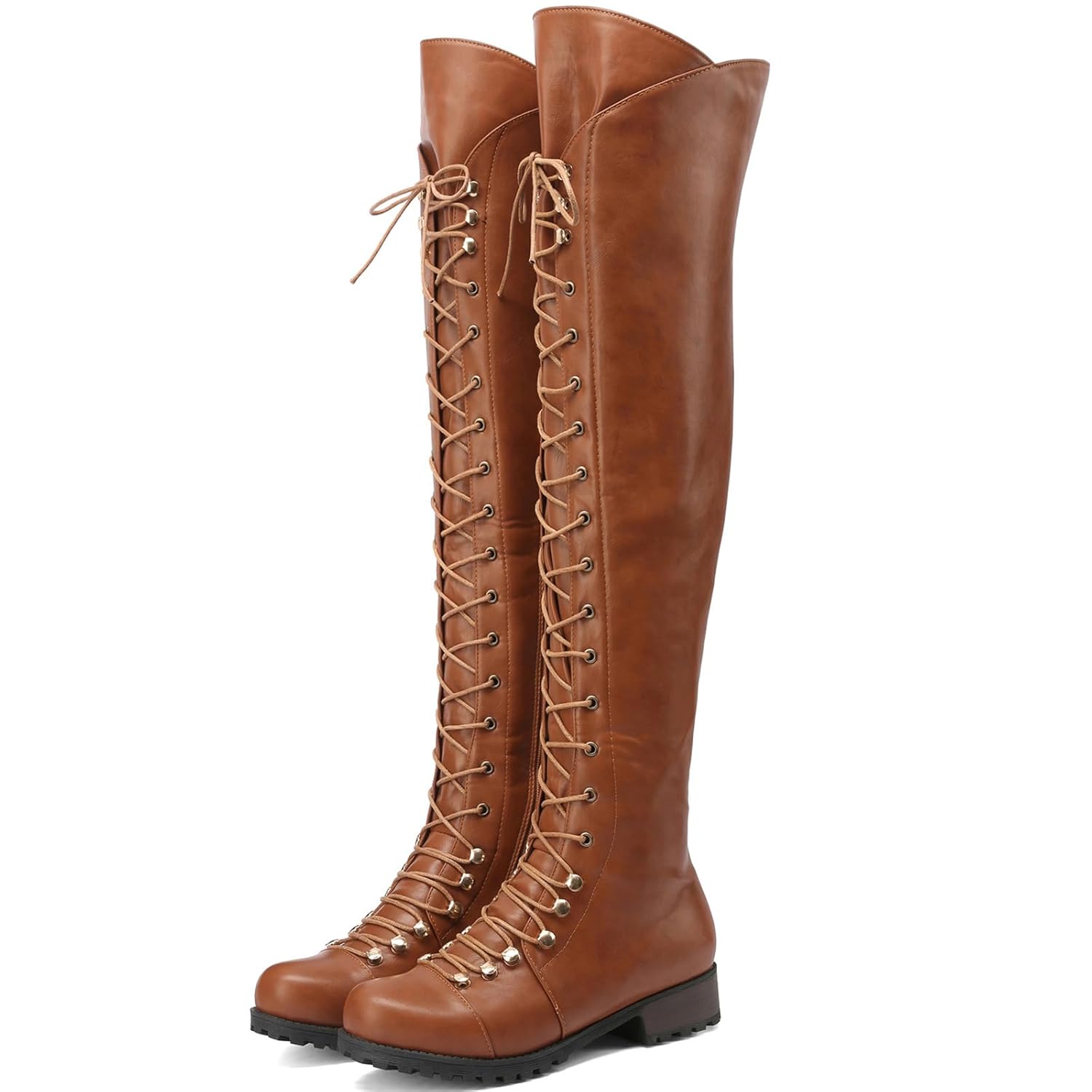 Womens Over Knee High Riding Combat Boots Lace Up Motorcycle Boots with Side Zipper