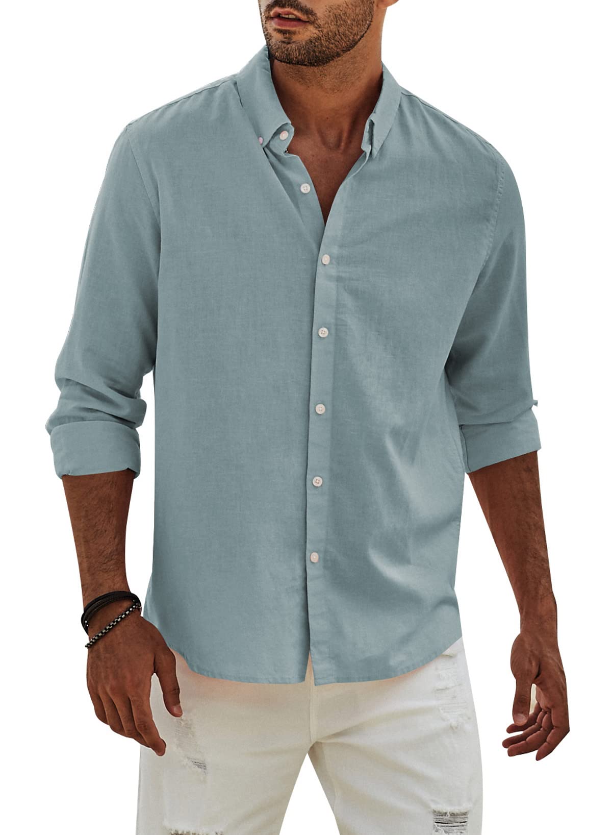 APOONABA Camisa Lino Hombre Manga Larga Color Sólido Shirts Casual Algodón Camisetas Elegante Coton Camisas con Botónes Regular Fit