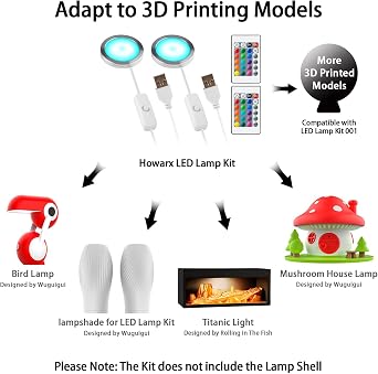3D Printer LED Lamp Kit 001 Remote Contorl with RGB Color, Compatible with Bambu lab H2D/A1/A1mini/P1S/P1P/X1C Makerworld Maker's Supply Hardware kit 5V USB Powered, RGB Color(2 Sets) [Energy Class A]