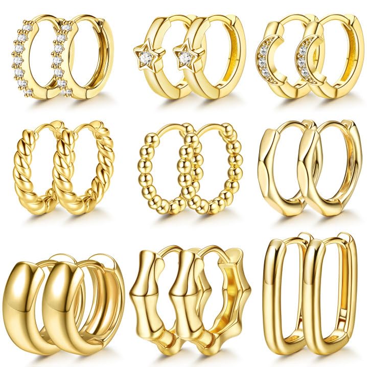 MILACOLATO 9 Pares Pendientes Oro Mujer, Pendientes de Aro Chapados en Oro de 18K con Circonita Cúbica Pequeños Pendientes de Aro Huggie Set Pendientes de Aro de Oro Grueso Hipoalergénicos