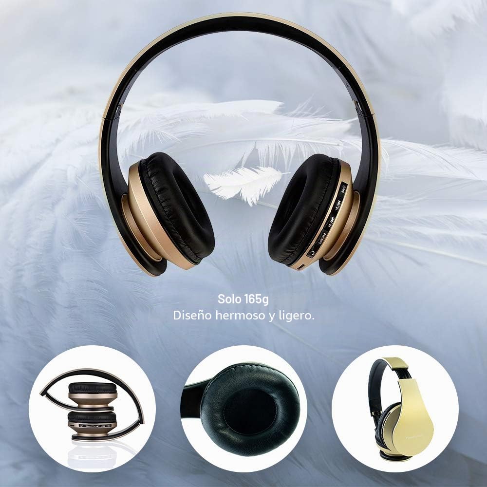 PowerLocus P1 – Auriculares Bluetooth inalambricos de Diadema Cascos Plegables, Casco Bluetooth con Sonido Estéreo con Conexión a Bluetooth Inalámbrico y Audio Cable para Movil, PC, Tablet - Oro