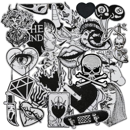 Nicime 25pcs Black White Iron/Sew on Patches Punk Horror Skull Embroidered Applique Fashion Decoration for Clothes Hat Bag Dress Shirt Jeans
