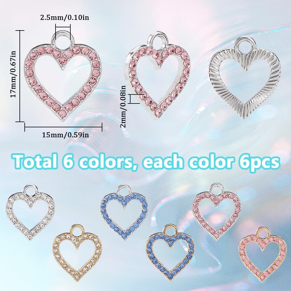 SUNNYCLUE 1 Box 36Pcs 6 Styles Rhinestone Heart Charms Love Charms Bulk Valentine Hollow Gold Silver Alloy Metal Heart Charms for Jewelry Making Charms Diy Earrings Necklaces Bracelets Women Gifts - Image 2
