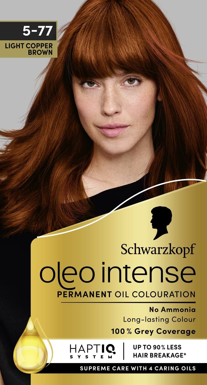 Oleo Intense Permanent Oil Colour 5-77 Light Copper Brown Hair Dye, 100% Grey Coverage, Conditioner with HaptIQ System, Long-Lasting Colour, Ammonia Free