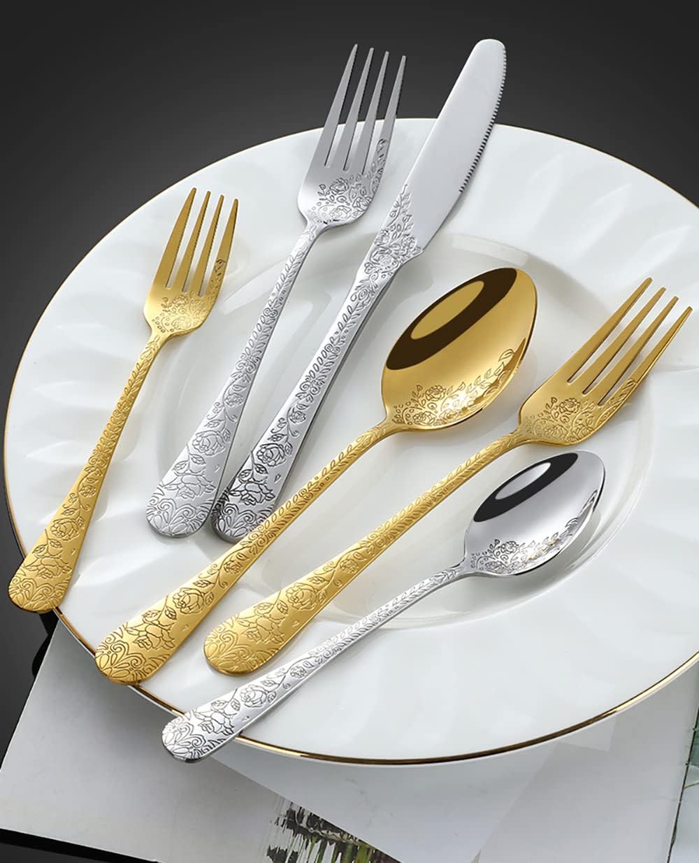 Stainless Steel Cutlery Set, 20 Piece Rose Printing Silverware Set With Knife Fork Spoon, Kitchen Tableware(Gold)