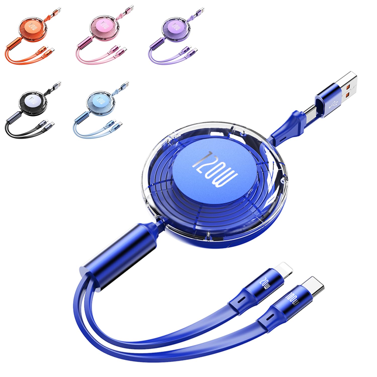 OneFish 4-in-1 Retractable Charging Cable 4FT Fast Charging Cord, Premium Durable Tangle-Free Design, Compatible with iPhone Samsung Phone Tablet Laptop (Dark Blue)
