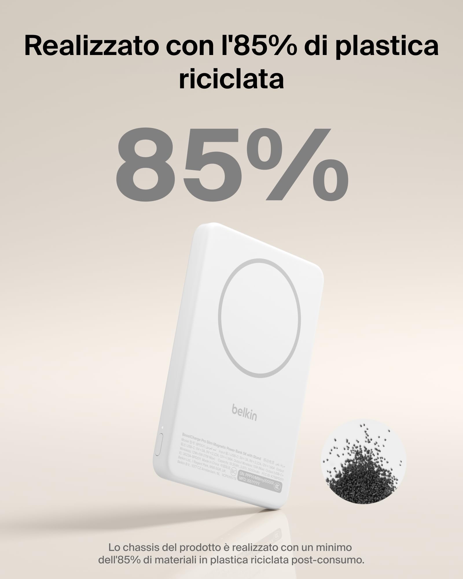 Belkin BoostCharge Power Bank Magnetico Sottile 5000mAh, Supporto - Bianco | Caricatore Portatile 5000mAh Wireless Qi2, Anello Magnetico, 1 USBC, Pre-Caricato, Leggero, Cavo Incluso, Sicuro per l'Aereo