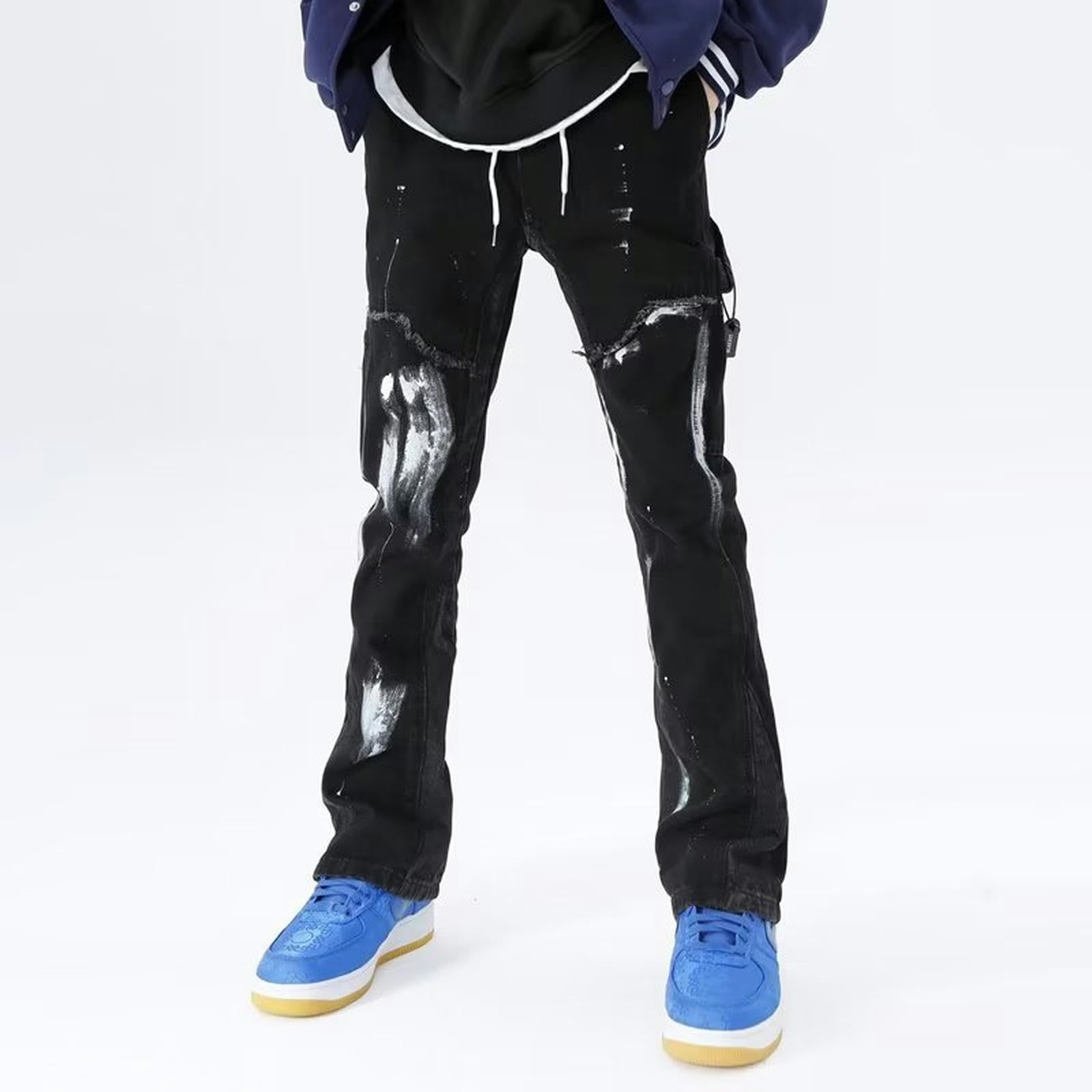 Jeans Hip-Hop Streetwear da Uomo, Pantaloni Leggermente Svasati-Nero-M