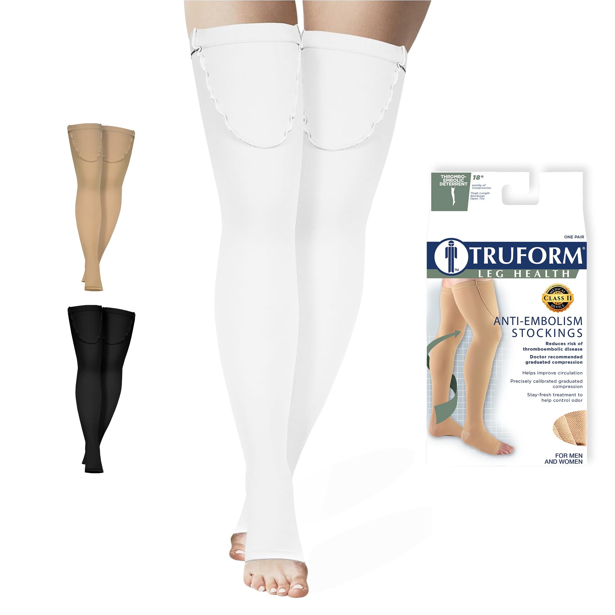 Truform Anti Embolism Stockings, Thigh High Post Surgery Recovery Hospital Style, 18 mmHg Compression for Men and Women, Full Length Ted Hose, Closed Toe, White, Large