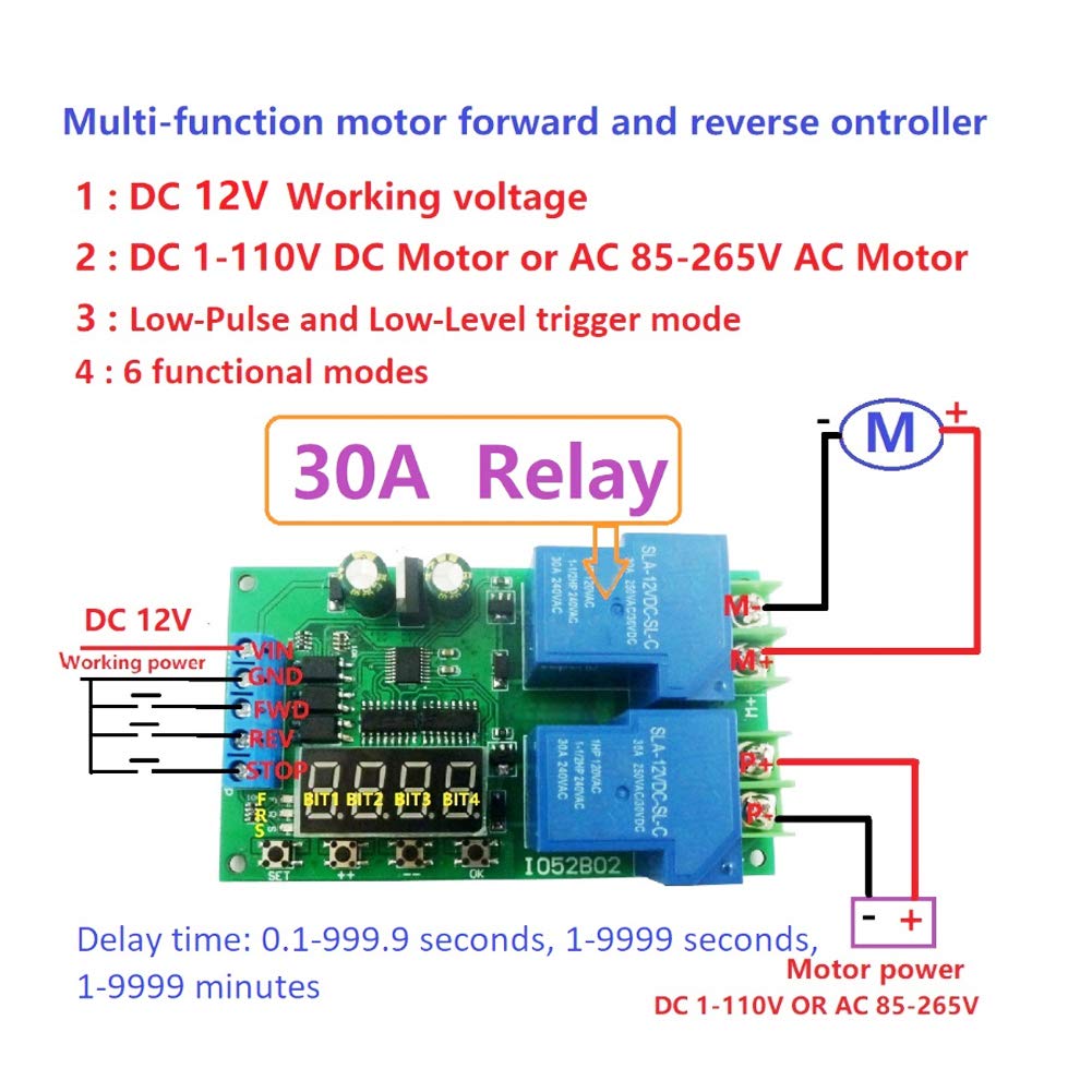 Jeanoko 30A 12V Motor Controller Motor Forward/Reverse Controller Module Start-Stop Delay Limit Switch Relay Motor Driver