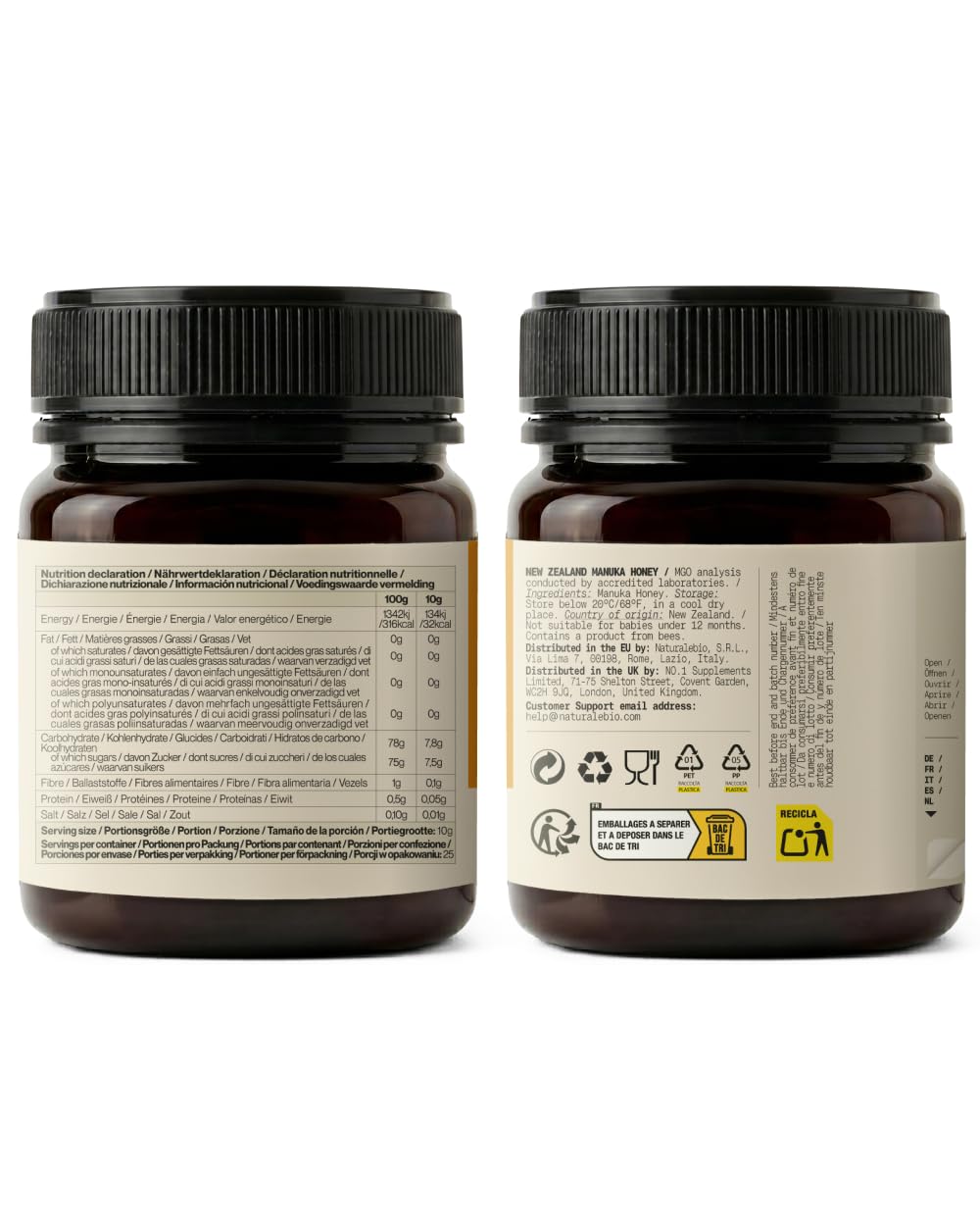 NaturalePiù Miel de Manuka 400+ MGO de 250g. Producida en Nueva Zelanda, Activa y cruda, Pura y Natural. Metilglioxial Probado por Laboratorios acreditados.