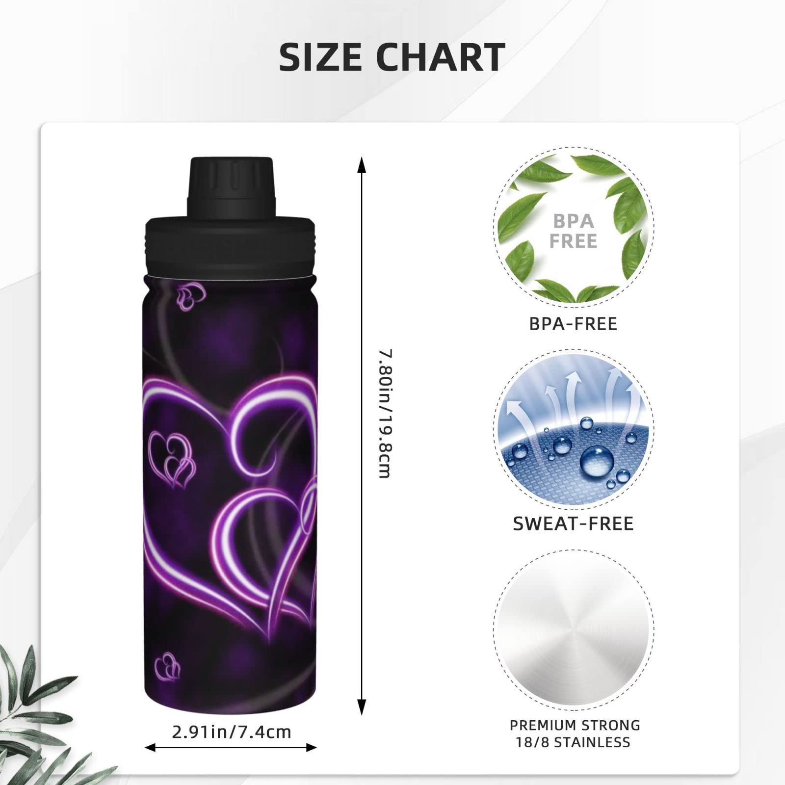 Purple Love Sport-Wasserflasche, 530 ml, isolierte Edelstahl, auslaufsichere Wasserflasche für Reisen, Fitnessstudio, Büro