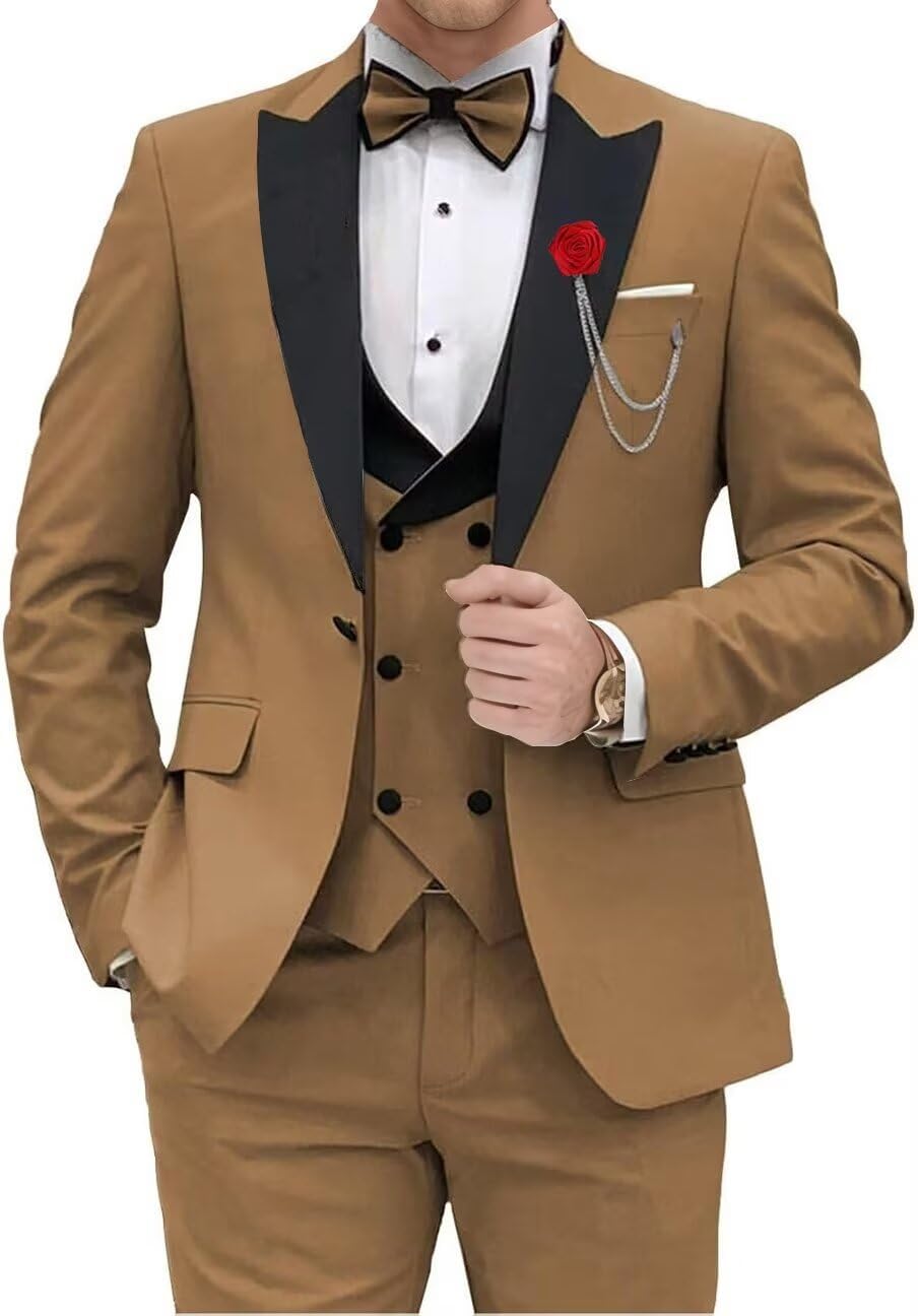 Mens 3 Piece Tuxedo Peak Lapel One Button Slim Fit Wedding Suits Jacket Blazer Vest Pants Formal Suit Set