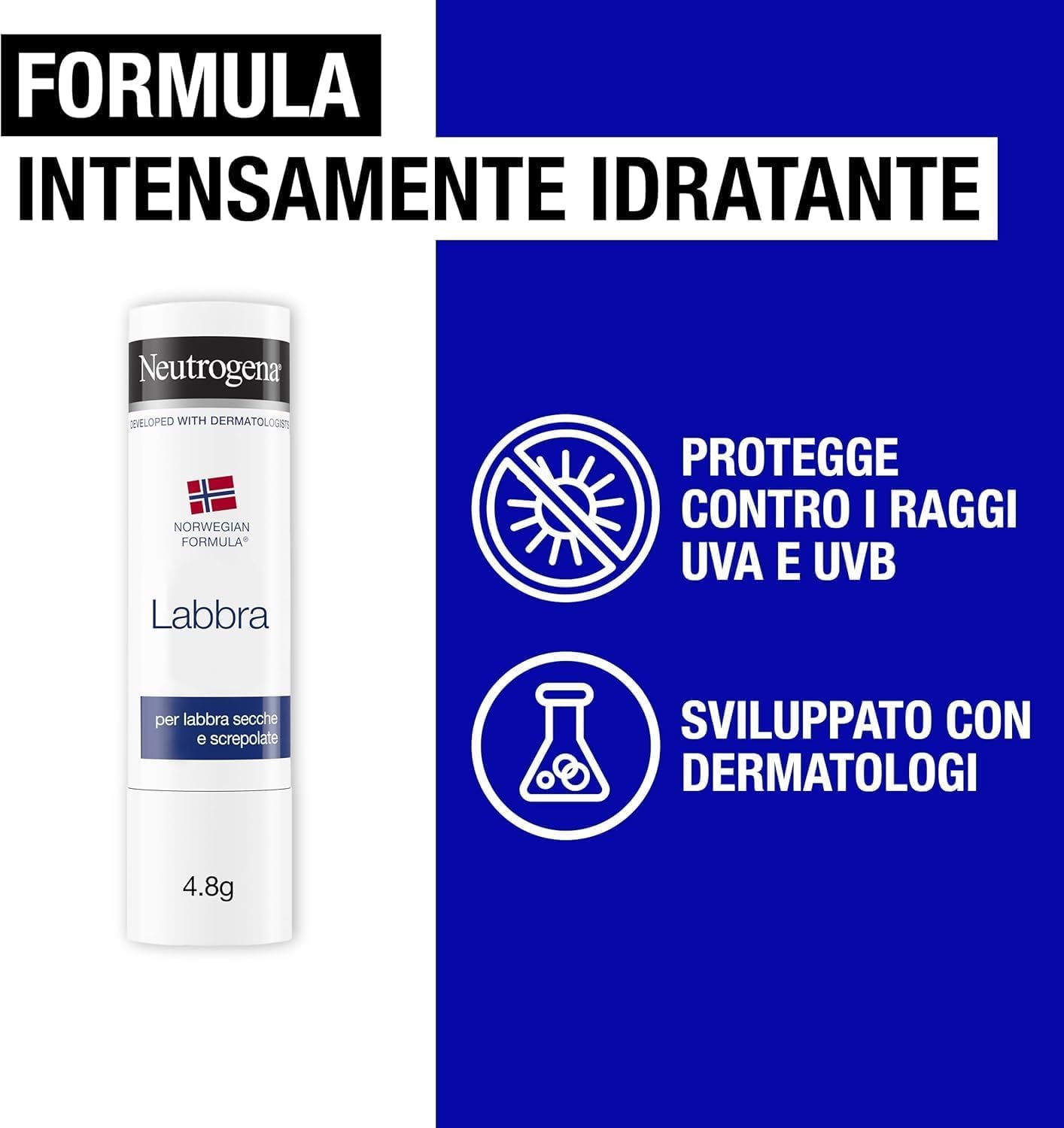 Neutrogena Formula Norvegese Balsamo Labbra Stick 4.8 g, Burrocacao protettivo per labbra secche, Idratante con Glicerina