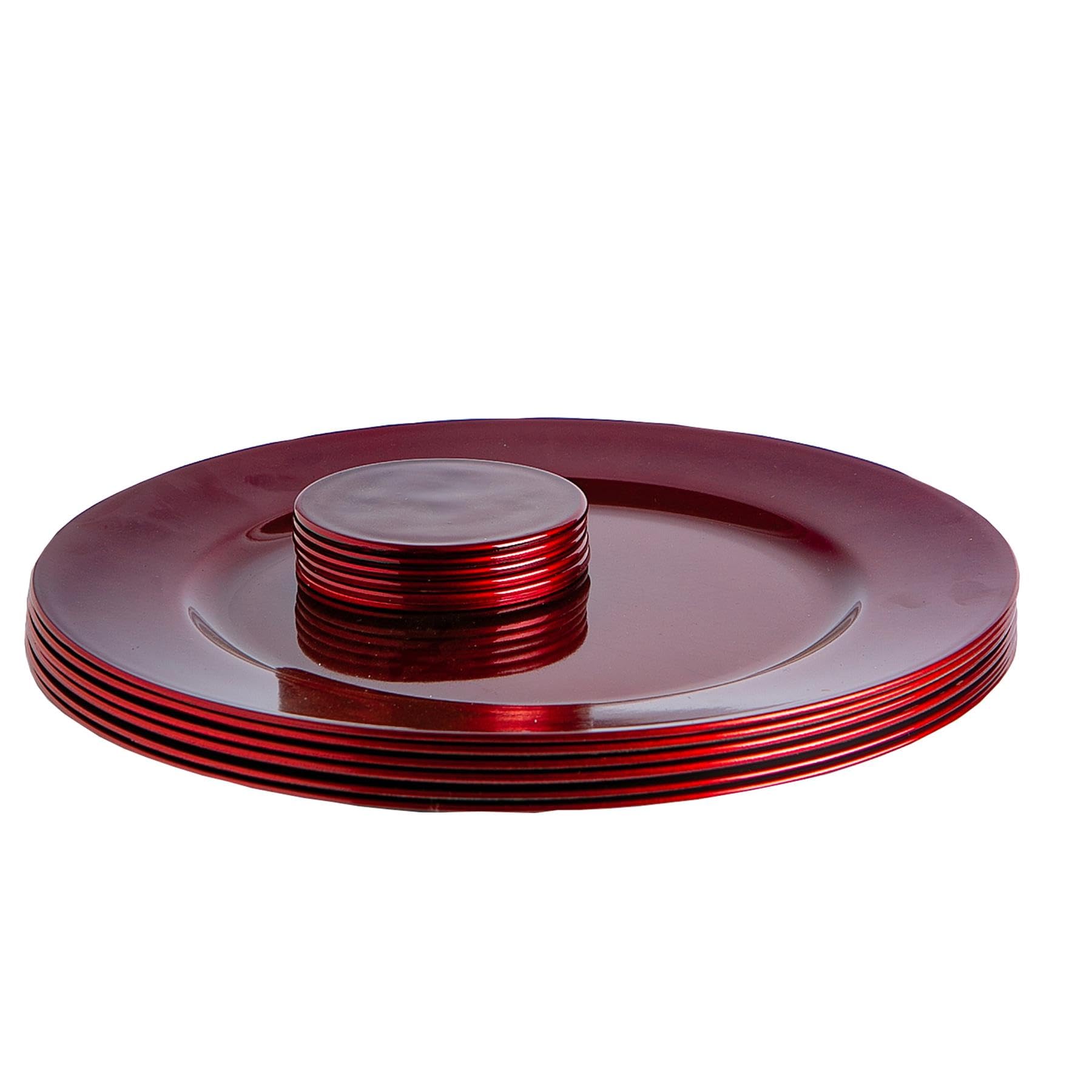 Argon Tableware Metallic Charger Plates & Coasters Set - Dark Red - 12pc - 33cm - Metallic Finish Reusable Dining Table Setting Plates Drink Placemats for Christmas, Celebrations, Restaurant Decor