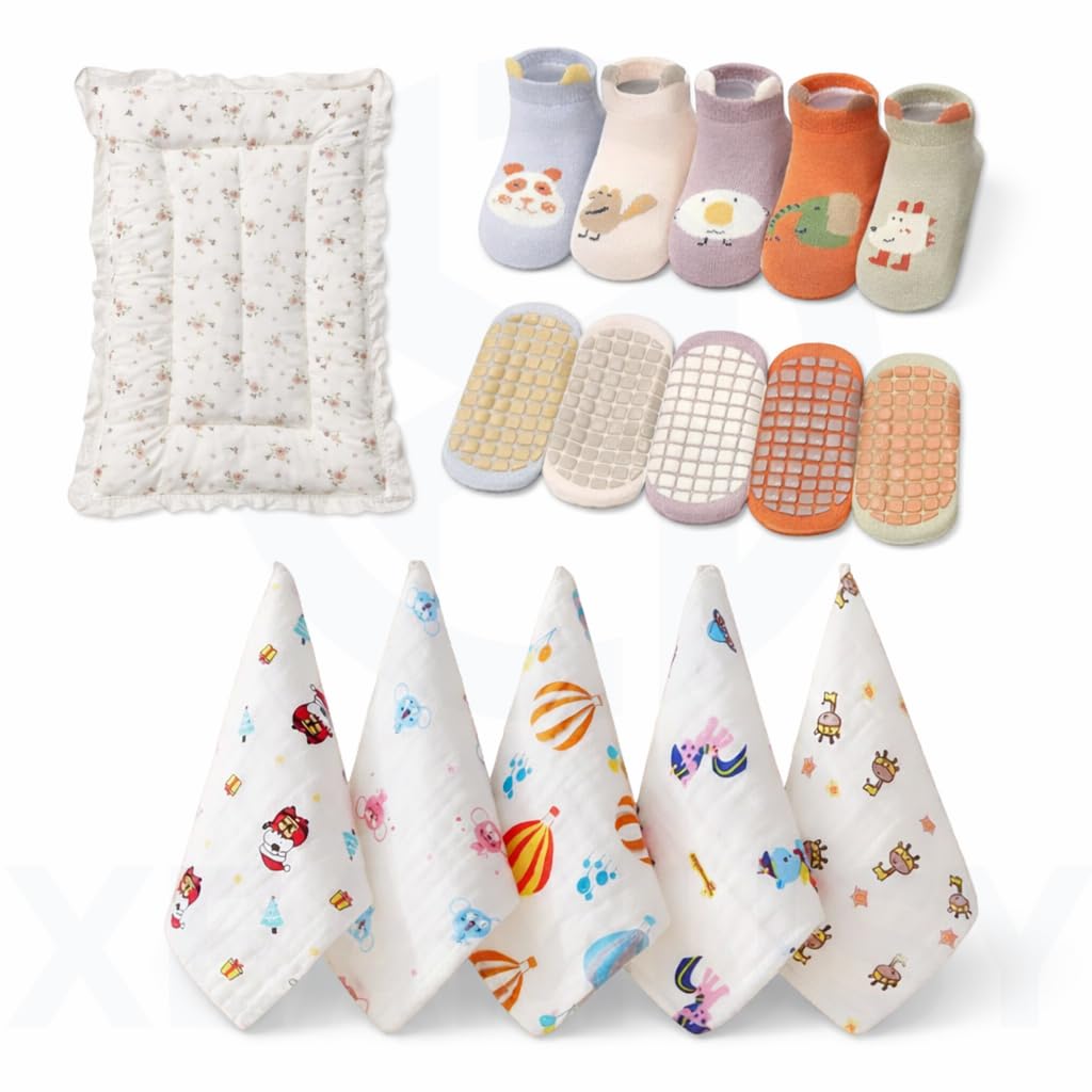 Baby Care Combo Set – Soft Baby Sleeping Godadi(random print, Anti-Slip Cartoon Baby Socks (Pack of 5) & Cotton Muslin KidsWashcloths(pack of 5) – Newborn kids Essential Gift Set-image-37