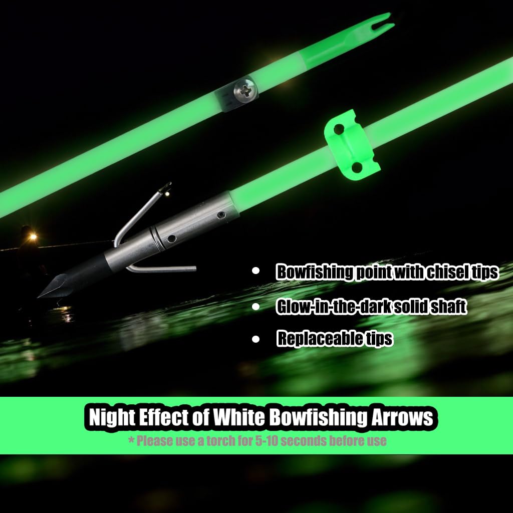 BOWSOUL 34inch Bowfishing Arrows Luminous with Broadheads and Safty Slides for Compound Bow&Recurve Bow Fishing Arrow Archery Hunting (Pack of 6) (White)