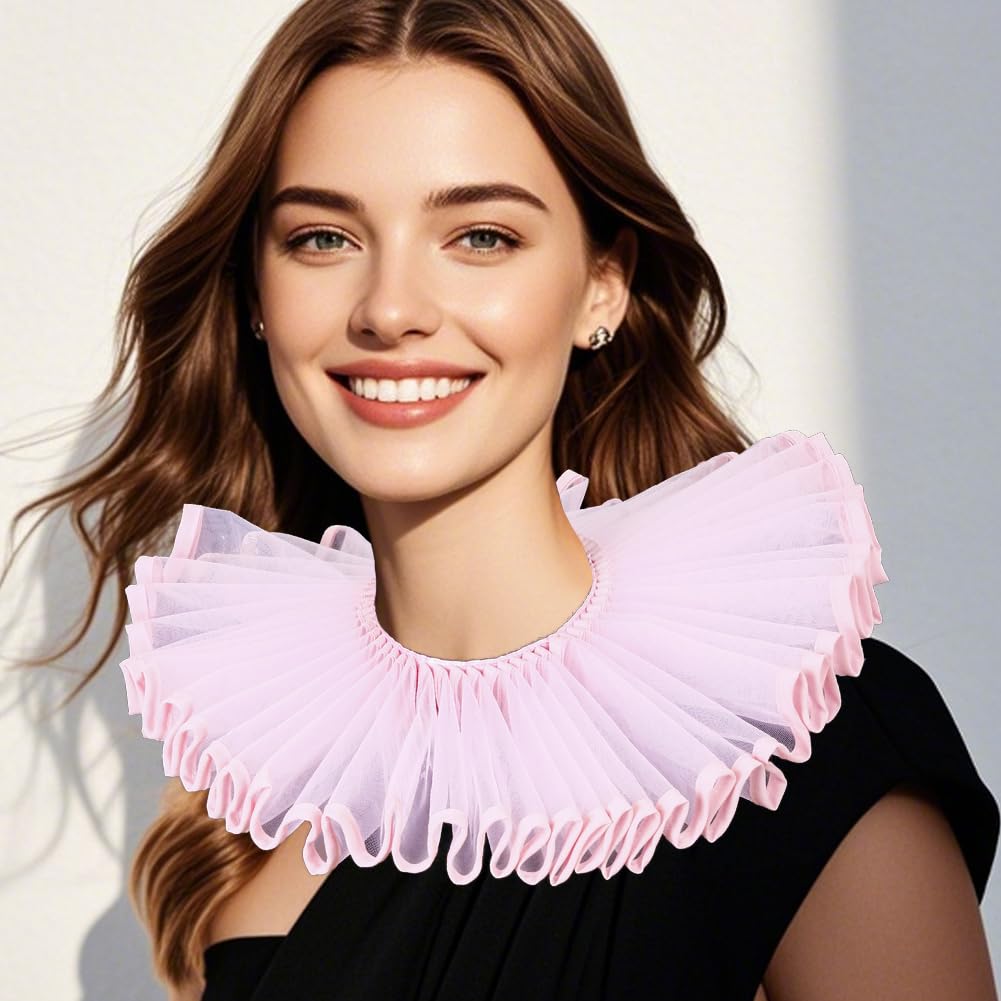 CABODYALS Pink Gathered Tulle False Collar Vintage Victorian Renaissance Medieval Detachable Lace Up Ruff Pleated Transparent Organza Cape Clown Neck Collars for Clothing Accessories Costumes Cosplay - Image 3