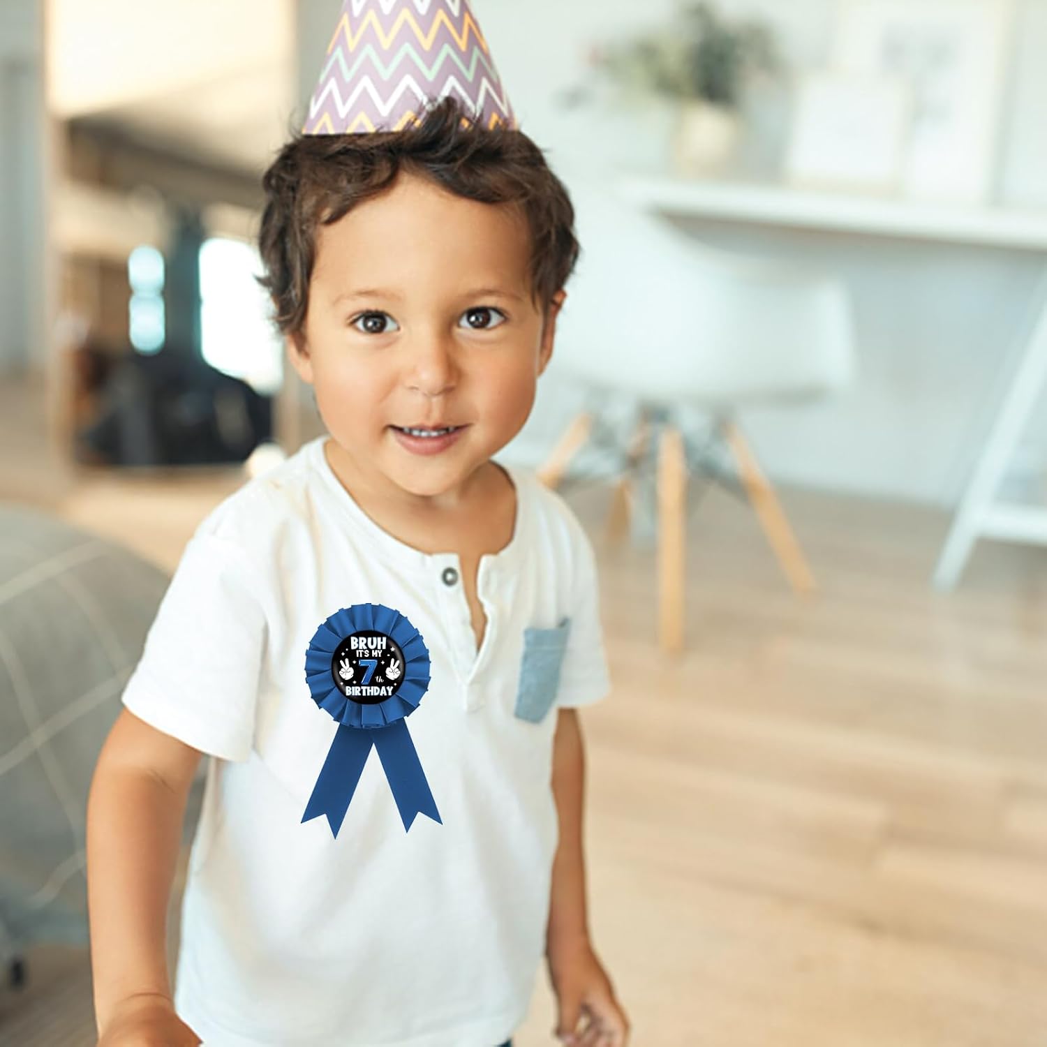 Bruh It's My 7th Birthday Tinplate Badge Pin, Blue Rosette Happy 7th Birthday Button Pin, Bro I'm 7 Award Ribbon Brooch for 7th Anniversary Party Supplies