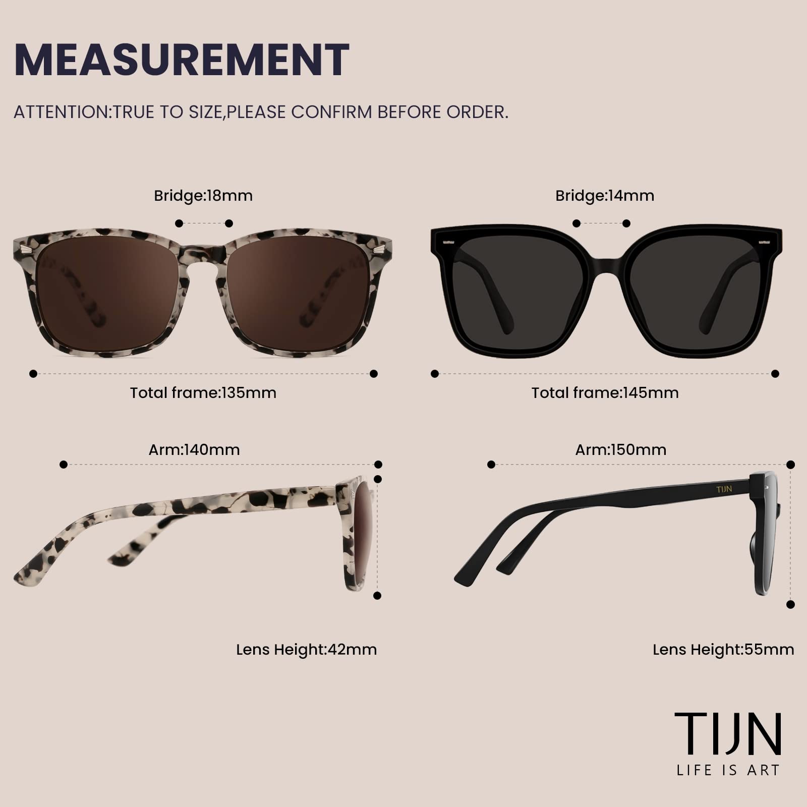 TIJN Polarized Sunglasses for Womens and Mens,Classic Square Frames Shades for UV Protection, Stylish and Trendy Sunnies