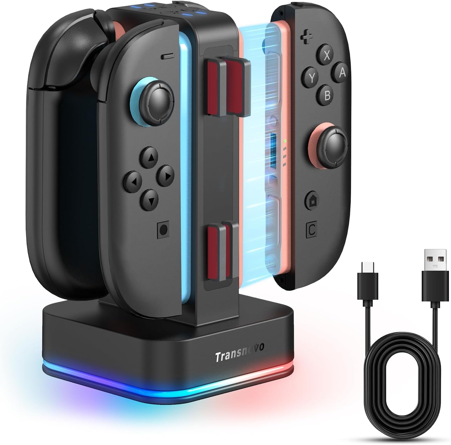 TRANSNOVO Charging Dock for Nintendo Switch 2, 4-Slot Magnetic Controller Charger with LED Indicator, 9 RGB Modes Gaming Lights, 8 Game Card Storage Slots & Simultaneous Charging for 1-4 Joy-Cons