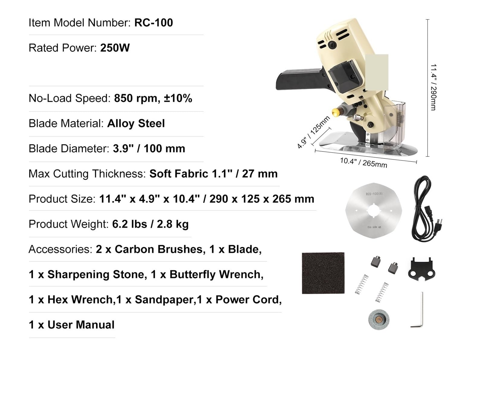 Cortadora de Tela eléctrica rotativa, cortadora de Tela de 170W/250W, Cuchillo Octogonal de Espesor de Corte de 1 "/1,1" con Hoja