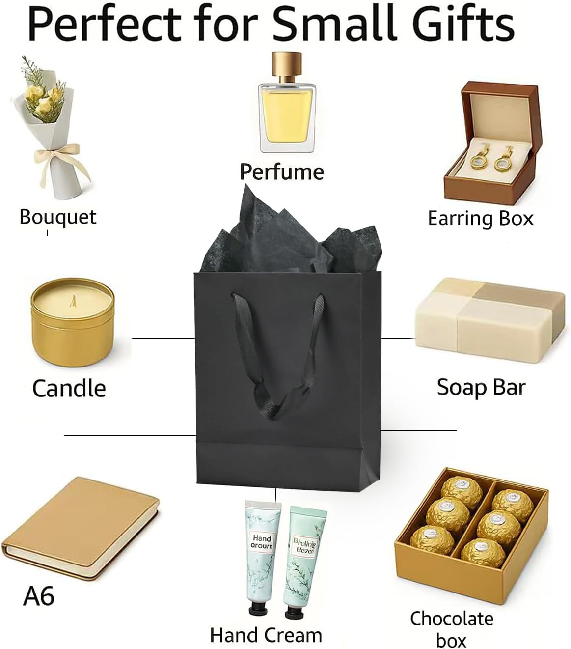 Papertide 30 Pack Small Black Gift Bags 6x3x7.5 inch with Tissue Paper, Reusable Mini Gift Bags for Jewelry, Candles, Cosmetics, Birthday, Party Favors, Thank You Gifts