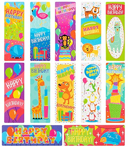 Sustainable Greetings 72-Pack Bulk Birthday Book Markers for Kids, Students, and Classroom - 12 Cute Bookmark Designs, One-Sided Heavyweight Cardstock, 7.2 x 2.4 Inches