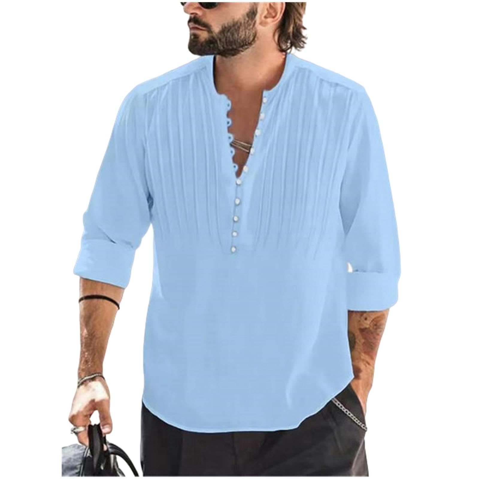 Uomo Maglia a Maniche Lunghe in Cotone Camicia Casual di Lino di Cotone della Camicetta da Uomo Loose-Cxcs-Blu-XXXL(Bust142Cm)