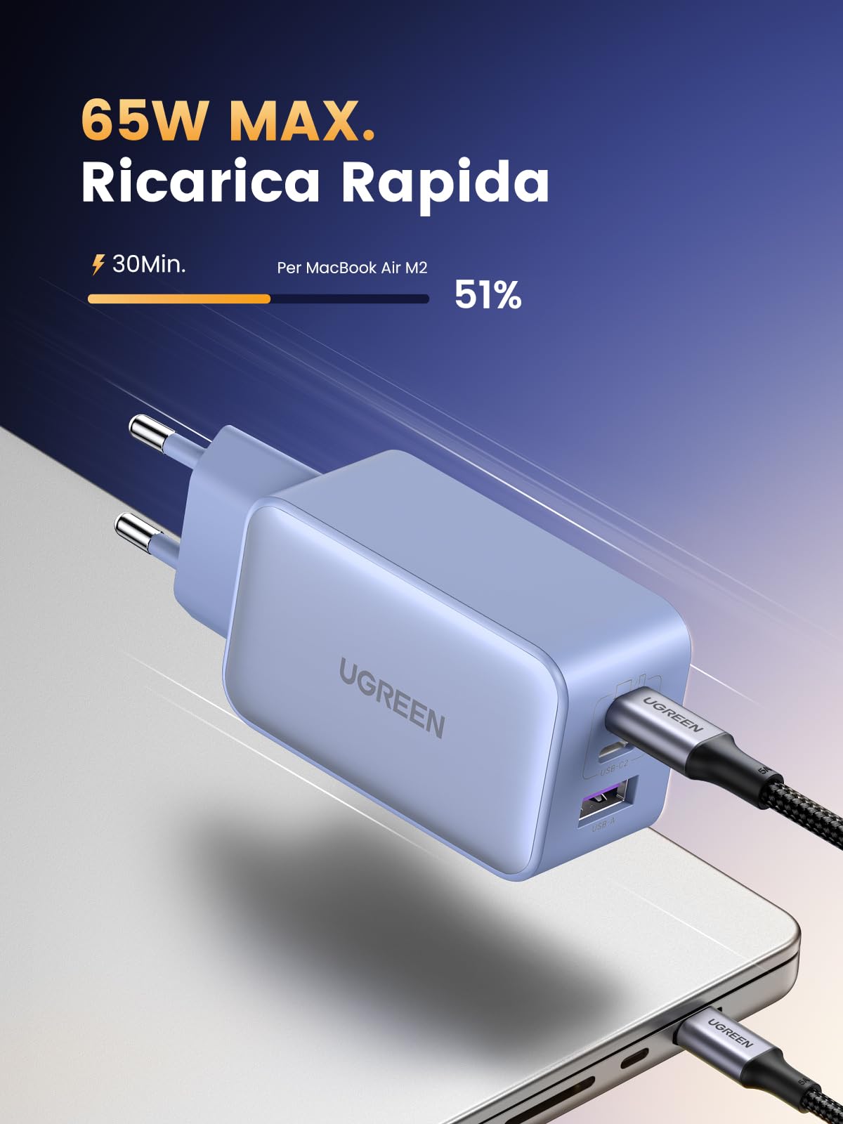UGREEN Nexode 65W Caricatore USB C GaN Tech 3 Porte, Caricabatterie Type C Compatibile con MacBook Air, iPhone 16/15/14/13, iPad, Samsung Galaxy S24/ S23/ S22, Google Pixel 7 Pro Blu