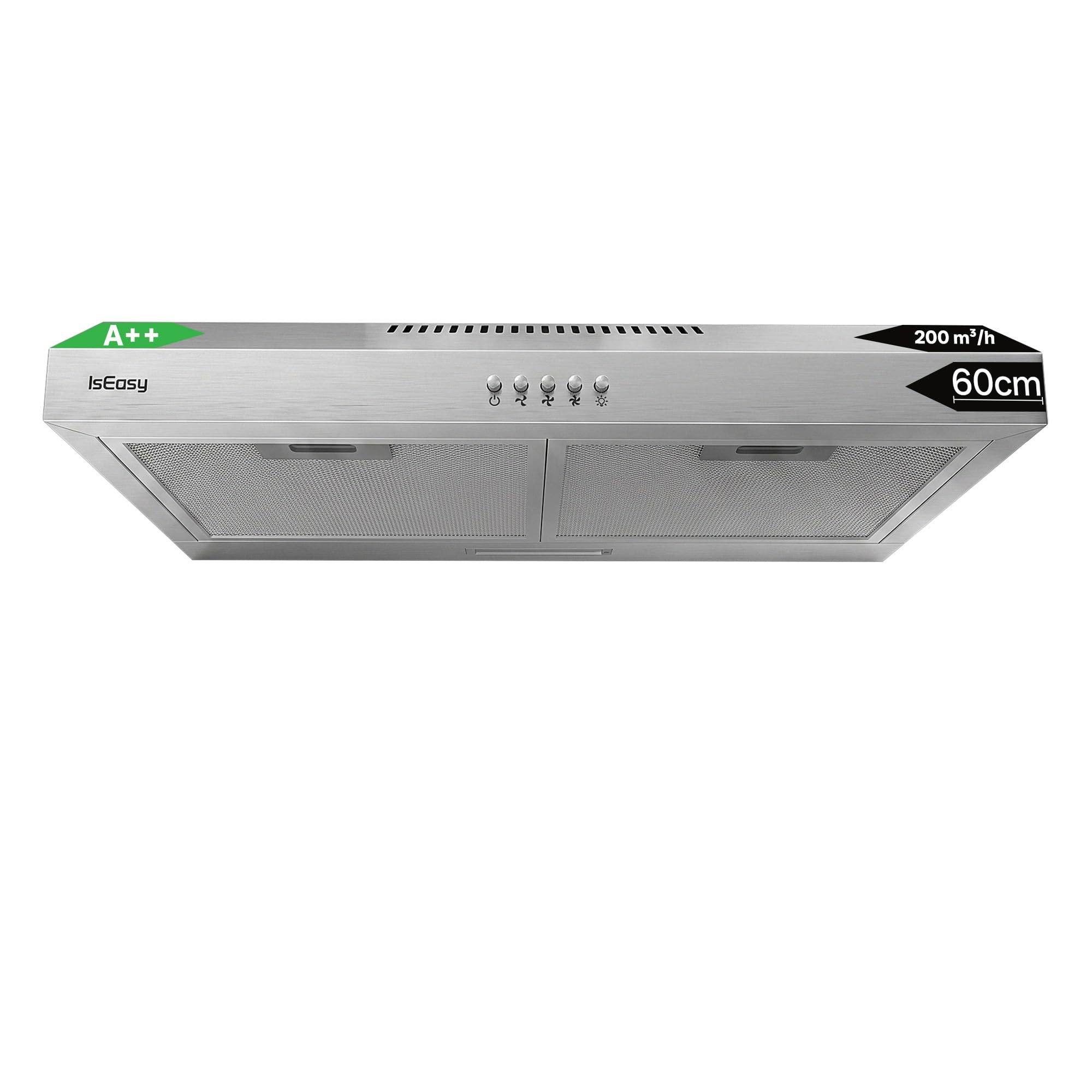 IsEasy Cappa Aspirante Sottopensile 60 cm A++ 250 m³/h, Cappa Integrata per Mobile Sottopensile, 3 Livelli, Ricircolo/Scarico, Lampada LED 2 W, Filtro Carbone X1, 60 dB, Acciaio Inossidabile Argento
