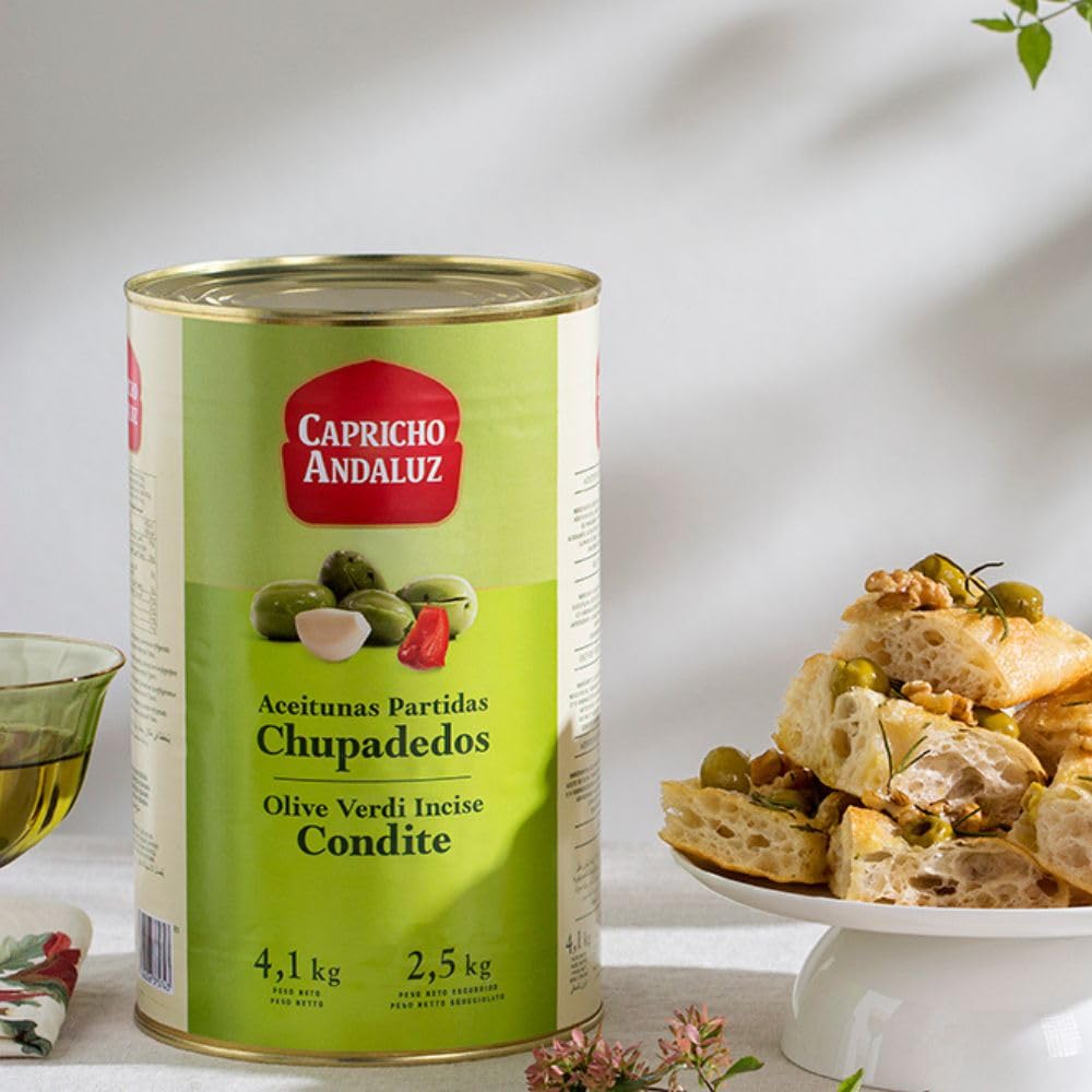 Capricho Andaluz Aceitunas Partidas Chupadedos Lata 4,1kg (2,5kg Escurrido) Aliño Tradicional Ajo Pimiento Profesional