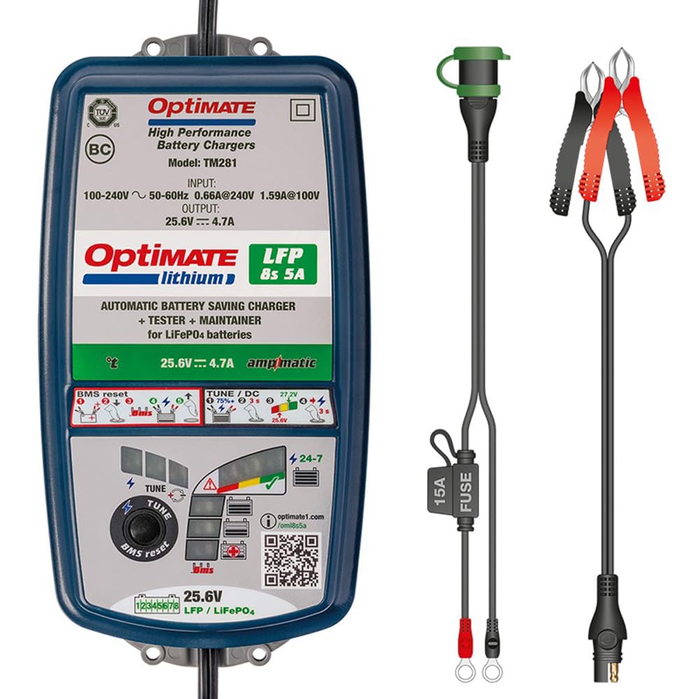 TecMate OptiMate Lithium 8s 5A, TM-280, Cargador-mantenedor con Modo de recuperación para baterías Selladas de 25.6V/26.4V y 5A en 10 Fases