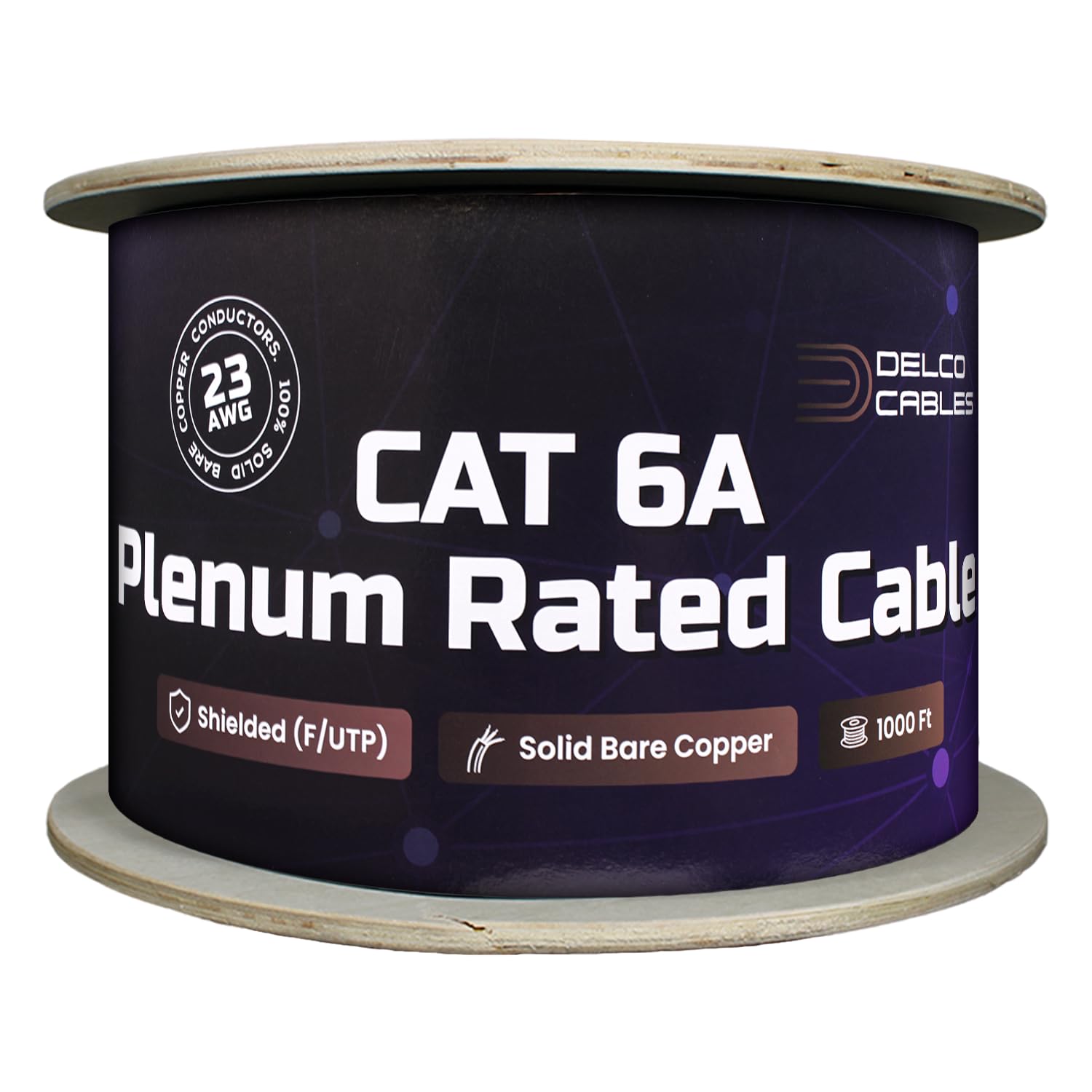 Cat6A Plenum Cable 1000ft | ETL Listed | Shielded (F/UTP) Twisted Pairs | 23AWG Solid Bare Copper | 750MHz High-Speed Ethernet | Wooden Reel | Fire Retardant CMP (Black, 1000ft)