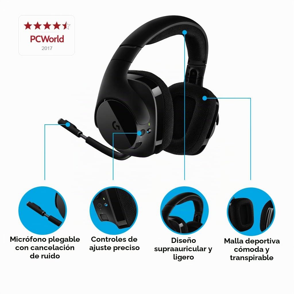 Logitech G533 Auriculares Gaming Inalámbricos, 7.1 Surround DTS Headphone:X, Transductores 40mm Pro-G, Micrófono, 2, 4 GHz Inalámbrico, Batería de 15 Horas, PC/Mac, Negro
