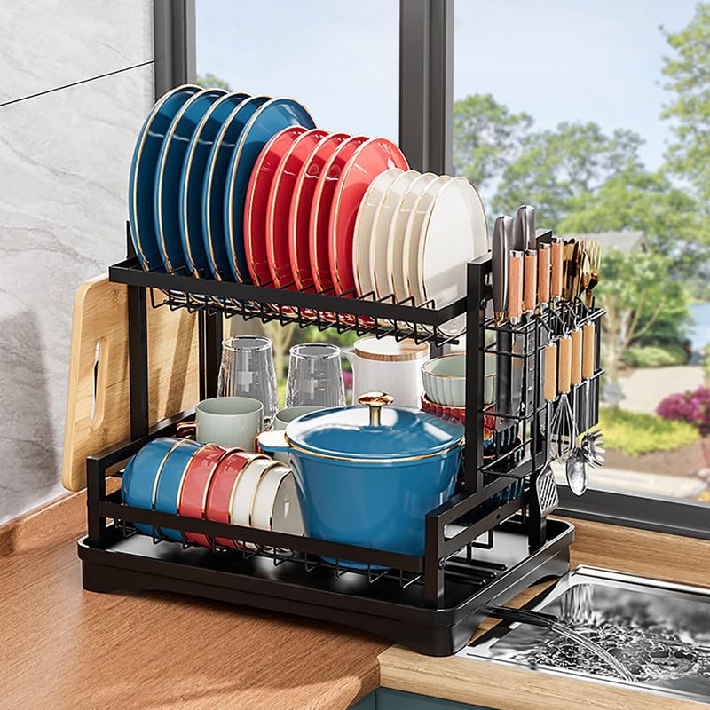Escurreplatos sobre El Fregadero, Escurridor De Acero Al Carbono De Gran Capacidad, Organizador De Cocina Multifuncional De 2 Niveles Y Almacenamiento para Platos, Cuencos Y Cubiertos