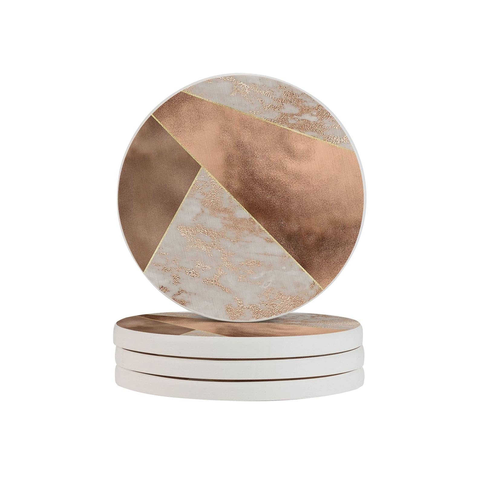 Coasters for Drinks Absorbent Set of 4, Copper Foil And Blush Rose Gold Marble Triangles Cup Coaster with Cork Base, Marble /Glass/ Wooden Table Protection, Home/Bar/Living Room Decor Gift