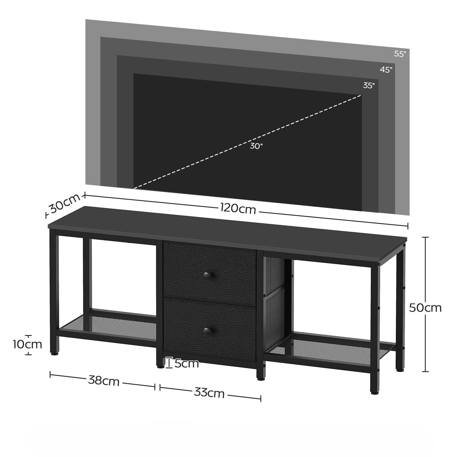 YATINEY TV-Schrank für Fernseher bis zu 55 Zoll, Fernsehtisch, TV-Konsole, lowboard mit offenen Fächern, 2 Schubladen, für Wohnzimmer, Schlafzimmer, 120 x 30 x 50 cm, Schwarz XDS02BB